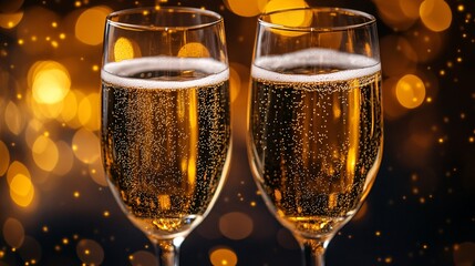 Two champagne glasses with golden bubbles and festive bokeh background