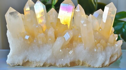 Clusters of bright iridescent quartz crystals with sharp points and facets glowing with rainbow light on a textured white base in a close up detailed view