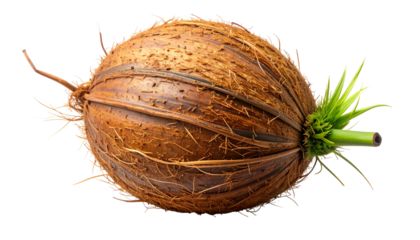 A sprouting coconut, revealing a green shoot and fibrous husk, isolated against black