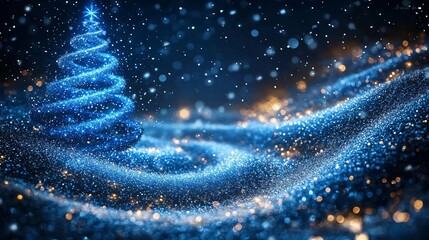 Abstract blue glowing Christmas tree with sparkling winter background