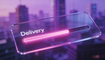 Floating transparent glass tracking interface card with neon pink progress bar and blurred city skyline background