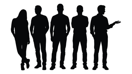 a group of five people standing together depicted as a striking black silhouette