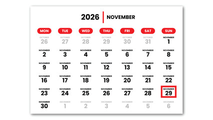 The date November 29th, 2026 marked with a red cursor on the wall