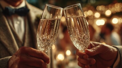 Close up of couple toasting with champagne glasses at elegant party with warm bokeh lighting.