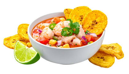 Ceviche with shrimp, fish, vegetables, & plantain chips in a white bowl