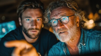 Two focused male colleagues collaborating and pointing at computer screen in dark office environment.