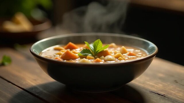 A bowl of hot soup served on a rustic wooden table