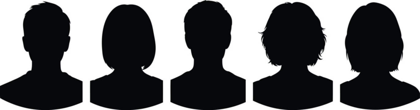Five diverse black silhouettes representing different people profiles