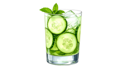 Illustrative depiction of a refreshing beverage. Clear glass with ice, cucumber slices, & mint
