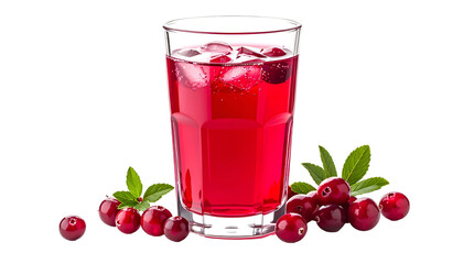 Glass of cranberry juice with ice, cranberries, and green leaves on black