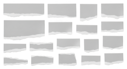 Collection of torn paper pieces isolated on transparent background