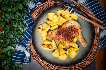 Appetizing baked chicken leg quarter.