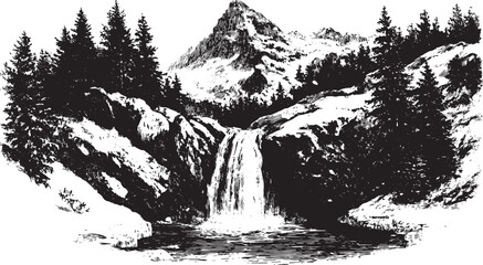 Frozen waterfall in black and white. Vintage vector illustration of a mountainous landscape with detailed trees and scenery, showcasing nature's beauty.