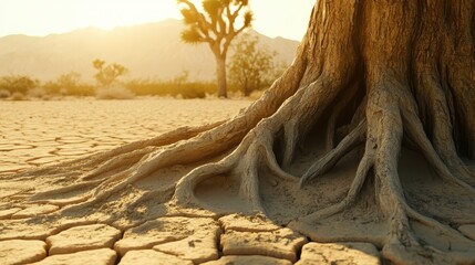 Gnarled exposed roots of a solitary ancient tree gripping the dry desert earth under warm sunlight