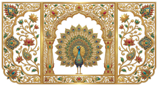 Ornate Golden Frame with Peacock and Floral Motifs in Triptych Style bird isolated on a transparent background