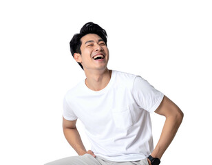 Young man laughs heartily, looking up