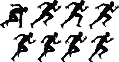 Eight black silhouette runner poses showing start and sprint motion