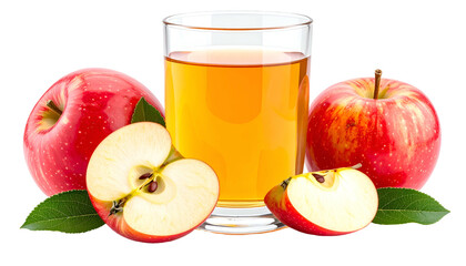 A glass of golden juice with ripe apples, slices and green leaves on a black backdrop