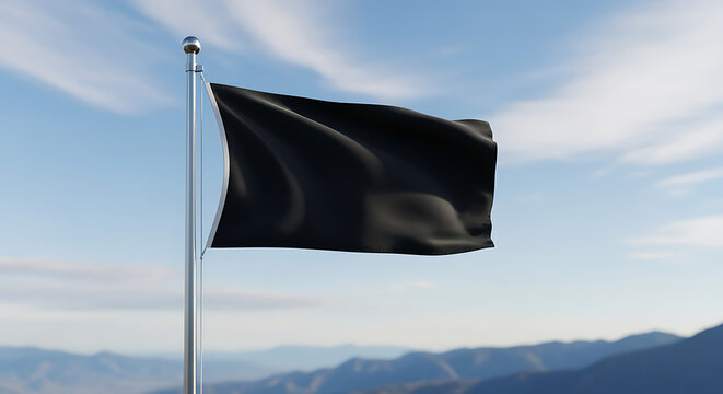 Black flag waving on metal pole against blue sky and distant mountains