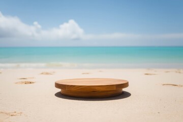 Stone podium for summer cosmetics product presentation on blurred tropical sea sand beach background.
