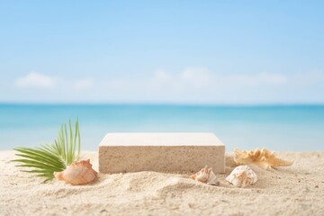 Stone podium for summer cosmetics product presentation on blurred tropical sea sand beach background.