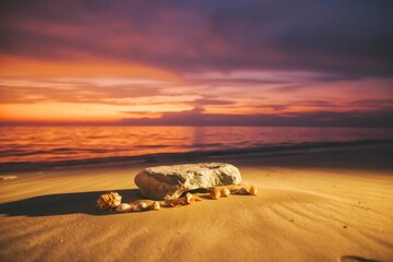 Stone podium for summer cosmetics product presentation on blurred tropical sea sand beach background.