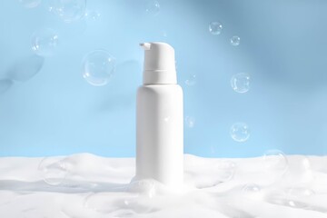 Pump bottle surrounded by gentle bubbles and soft foam.