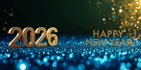 Happy New Year 2026 luxury background with golden 3D numbers, blue glitter floor and festive bokeh lights, elegant celebration design for holiday marketing and branding