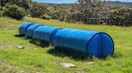 Obraz premium Large blue temporary water reservoir bladders arranged in a line on a grassy hillside with trees in the background