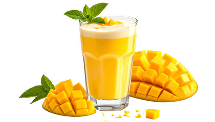 A vibrant mango smoothie in a tall glass, garnished with mint, and mango chunks