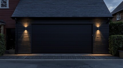 Luxury Home Garage Entrance with Paved Driveway and Trimmed Hedges