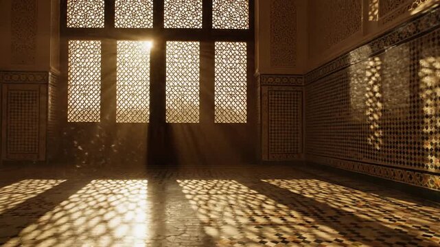 Sunbeams streaming through intricate Islamic lattice window casting geometric shadows on mosaic floor in Moroccan architecture