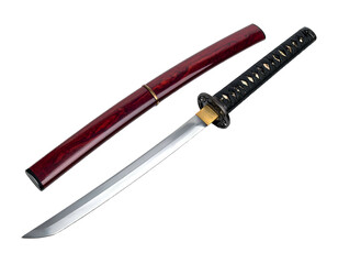 Gleaming blade with decorative red scabbard