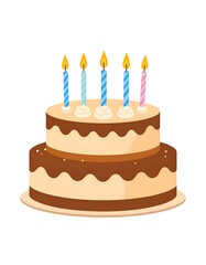 Two-tiered frosted birthday cake with five burning candles