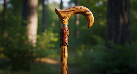 Wooden Cane with Leather Wrap in Forest Background brown