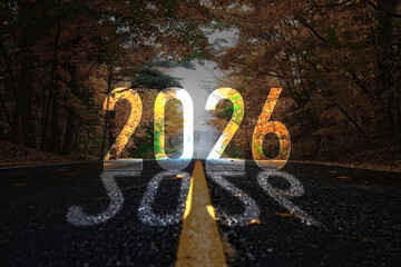 2026 New Year Concept with Empty Road Through Autumn Forest, Transparent 2026 Typography, Future Journey, New Beginnings, Motivation and Vision Background