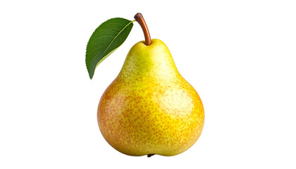 A ripe pear displays a golden-yellow hue with red speckles, a leaf attached