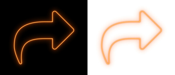 Curved orange neon arrow pointing right on black and transparent backgrounds, bright directional outline icon for navigation and UI design