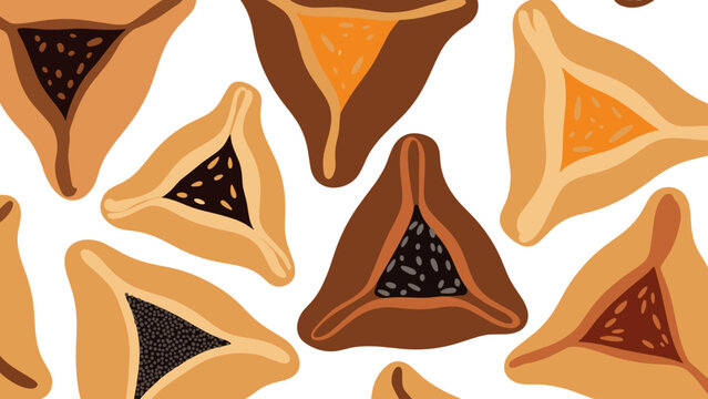Seamless pattern of Hamantaschen cookies for Purim holiday background and festive packaging design