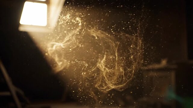 Golden dust particles floating in a bright sunbeam entering a dark abandoned attic window