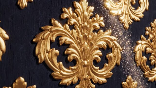 Gold Leaf Ornament on Dark Surface - Close-up shot of ornate gold leaf decorative ornaments on a dark, possibly wooden, surface.