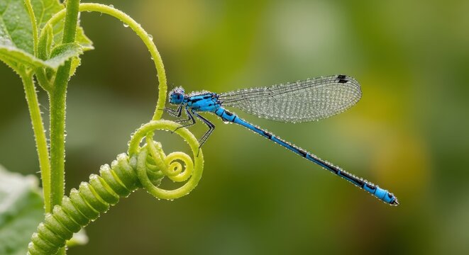 Vibrant blue damselfly perched gracefully on a dew kissed green tendril - Powered by Adobe