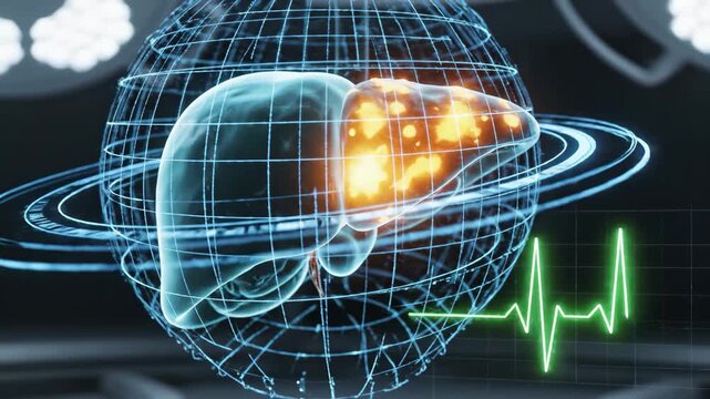 Human Liver Scan - The video shows a stylized 3D video of a human liver enclosed in a glowing blue wireframe globe, along with a green electrocardiogram line in the foreground.