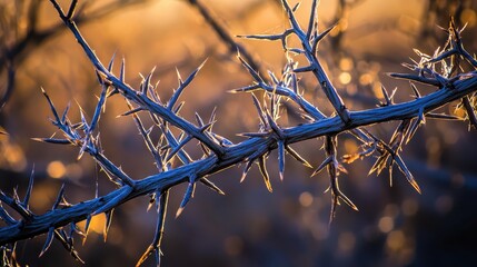 Sharp thorny branches of a desert shrub illuminated by warm golden sunlight casting intricate patterns and shadows in macro detail