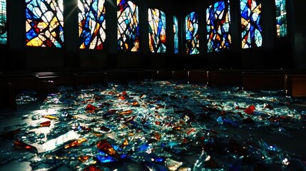 Shattered stained glass fragments littering the floor of a damaged church interior with colorful light filtering through broken windows