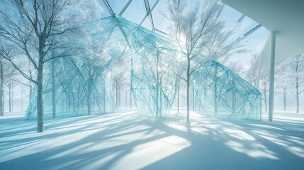 Shattered Glass Panels Creating Surreal Winter Scene with Sunlight