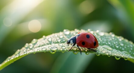 Fototapeta premium A red ladybug with black spots sits on a dew covered leaf in morning sunlight