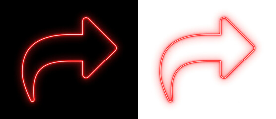 Curved red neon arrow pointing right on black and transparent backgrounds, bright directional outline icon for navigation and UI design