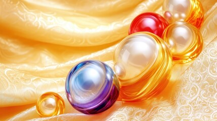Smooth colorful glass beads arranged in a soft golden silk background with dramatic lighting