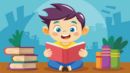 Smiling child immersed in a storybook surrounded by educational books
